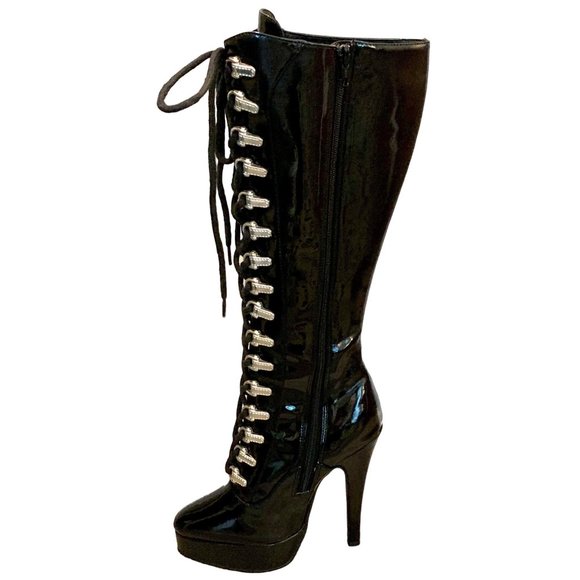 Delicious Knee High Stiletto Patent Leather Black Lace Up Platform Boots 6 Troy - Picture 5 of 10